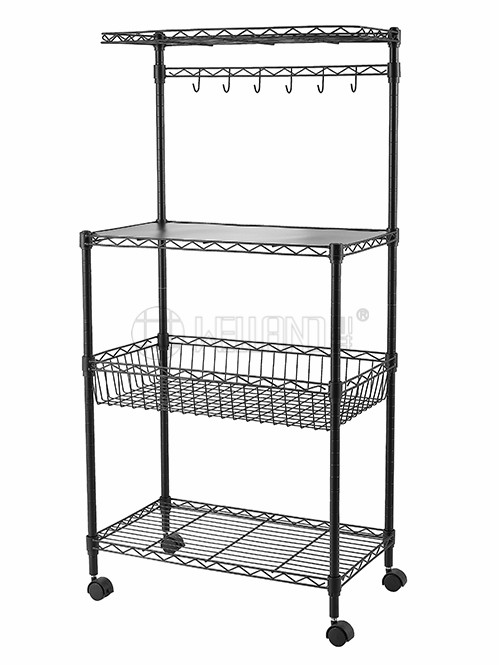 家用廚房微波爐烤箱落地置物架_可移動烘焙調(diào)味罐食品物品收納架_烤漆黑儲物籃子架-川井